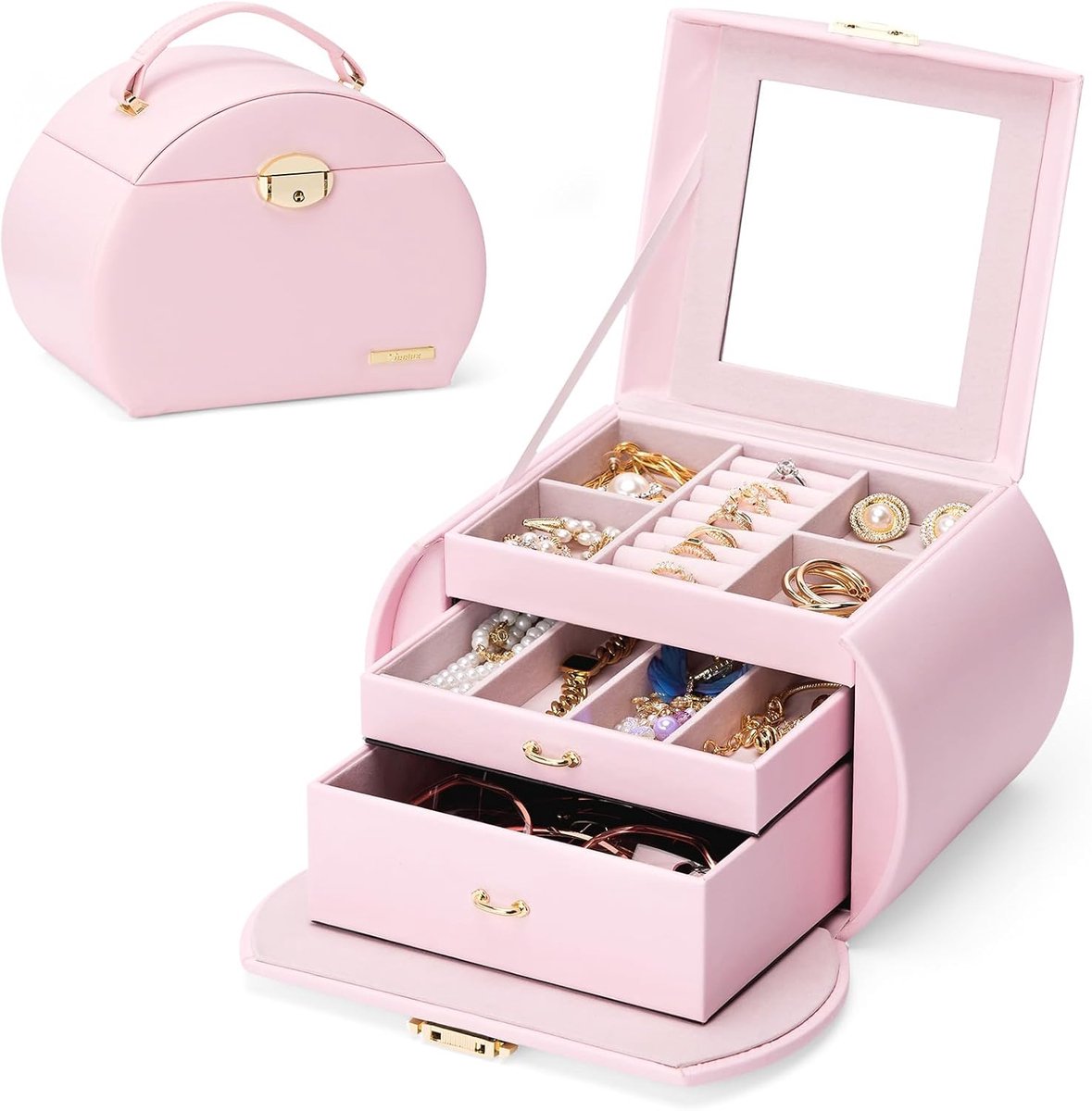 Seelux Portable Pink Jewelry Box for Girls: 3 Layers with 2 Drawers - 12 Vakken voor Ringen Kettingen Oorbellen - ShopVlot