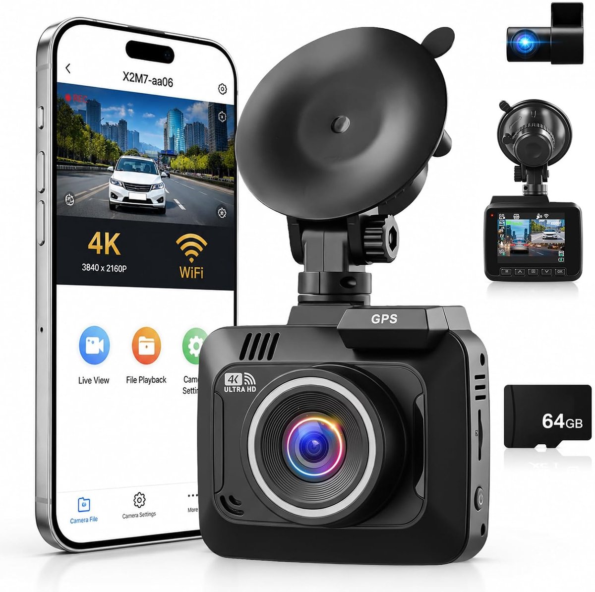 NHOPEEW Dashcam 4K met achteruitrijcamera 1080p voor auto - WiFi, GPS, G-sensor, loopopname, nachtzicht, 24 uur - ShopVlot