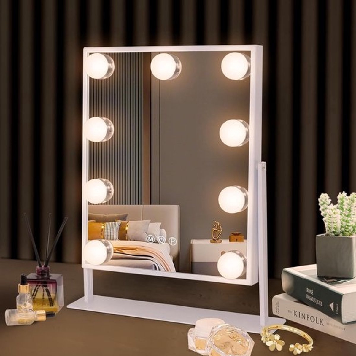 Bluetooth Make-upspiegel met verlichting en draadloos oplaadstation - Hollywood Spiegel met 3 kleuren licht & 9 dimbare led lampen, 360 graden rotatie en make-up spiegel met verlichting