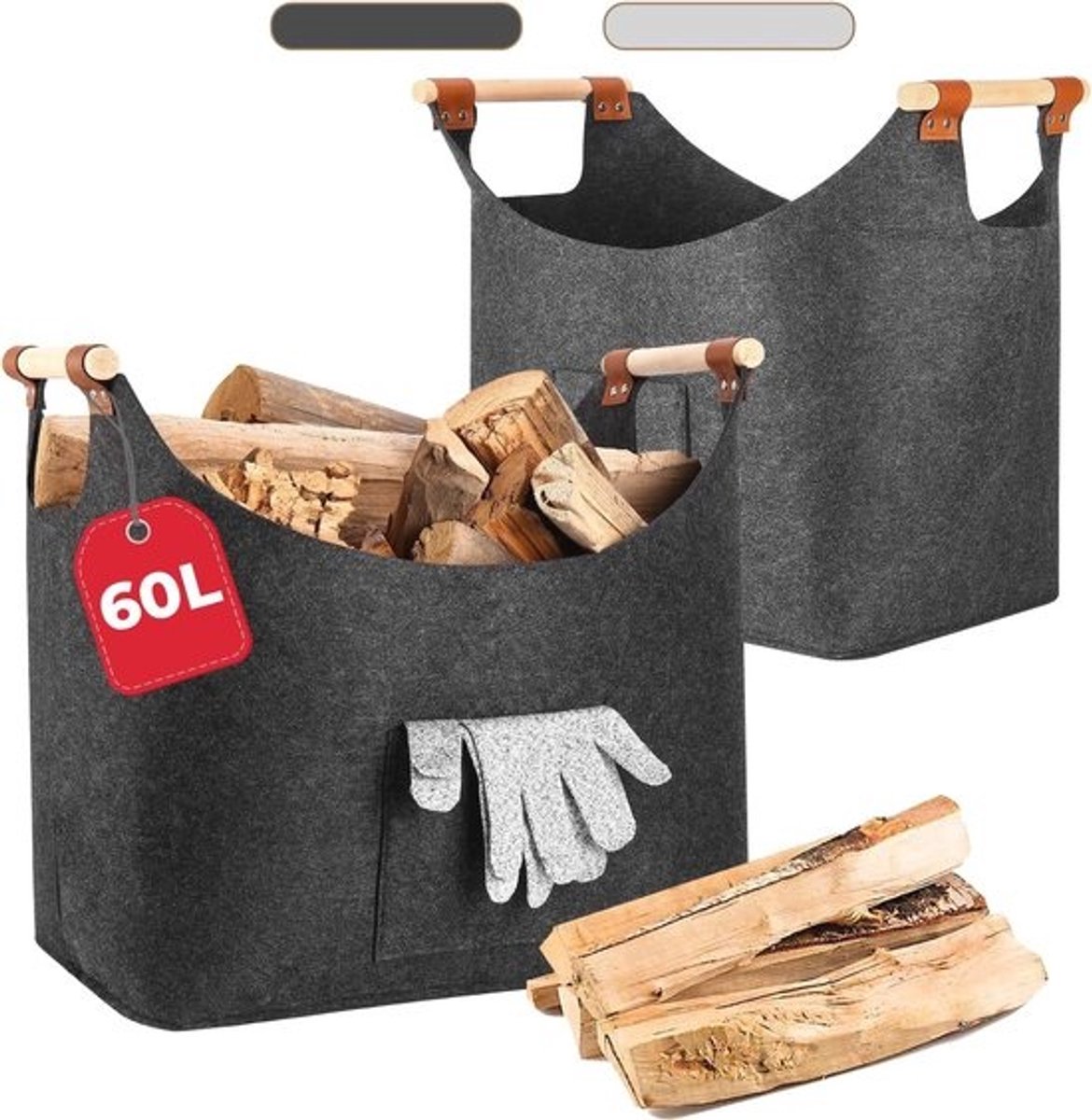 Opvouwbare haardhoutmand - 2 stuks - Met opbergtas - Grote viltmand voor hout en meer - 45 x 32 x 40 cm - Grijs