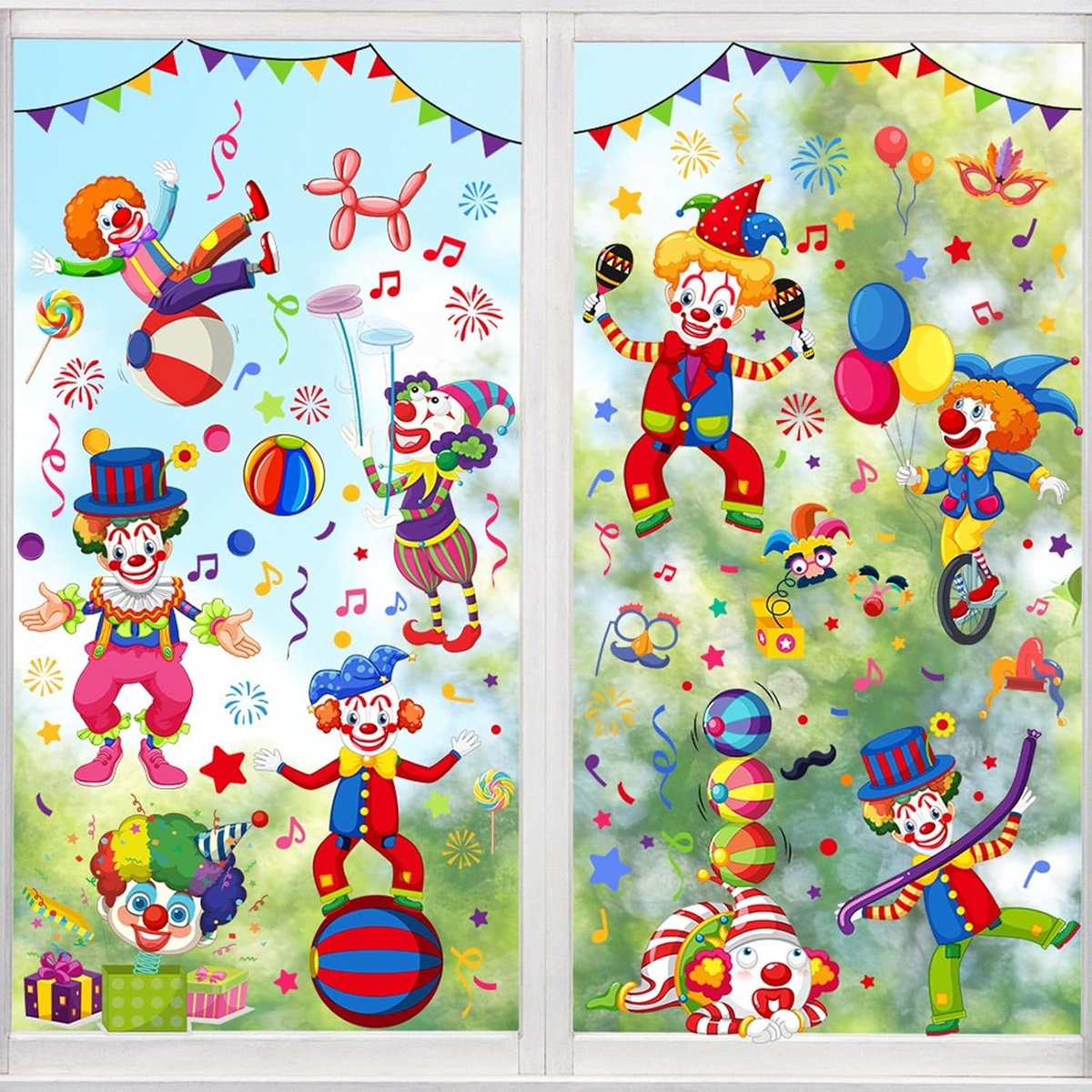 Carnaval Raamdecoratie met 9 Stukken Clowns en Dieren, Kleurrijke Circus Stickers voor Kinderen, Feestelijke Versiering voor Fasching en Kinderkamers