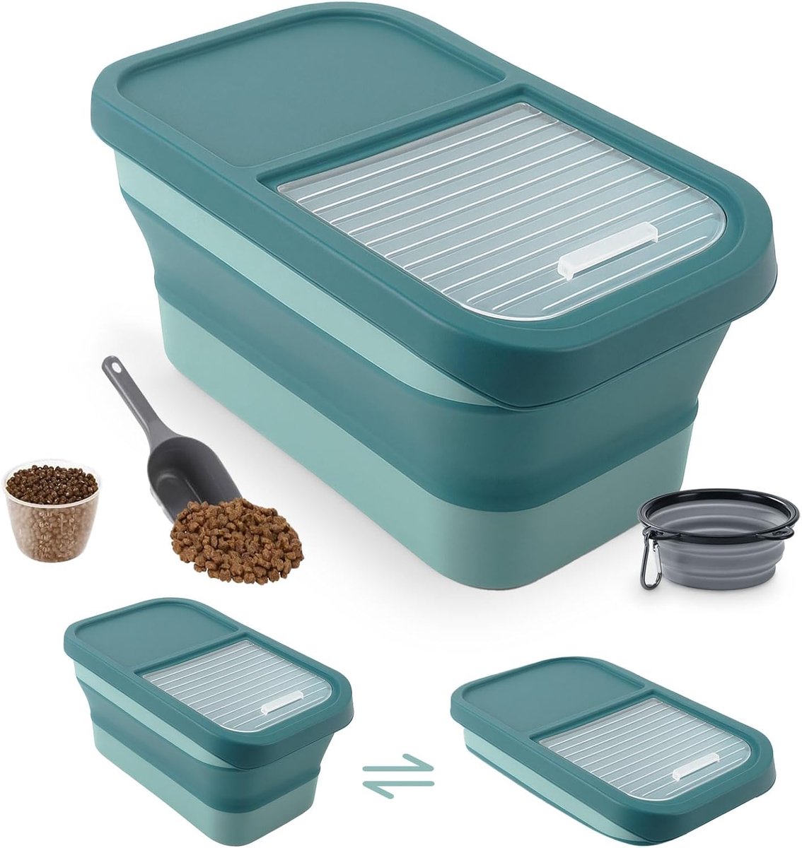 Dry Dog Cat Food Bowl, 5 kg, Foldable Storage Box with Spoon and Measuring Cup, Foldable Dog Bowl, Green, Airtight - ShopVlot