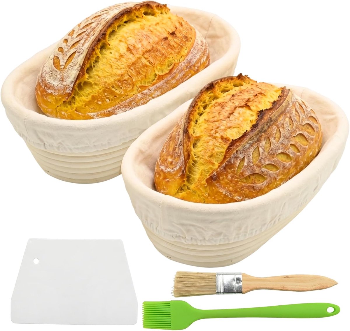 SnelShoppen - 2 stuks Gistmanden van Natuurlijk Rotan 25 x 15 x 8 cm - Handgemaakte Rijsmanden voor Hobbybakkers - Inclusief Deegschraper, Siliconen B