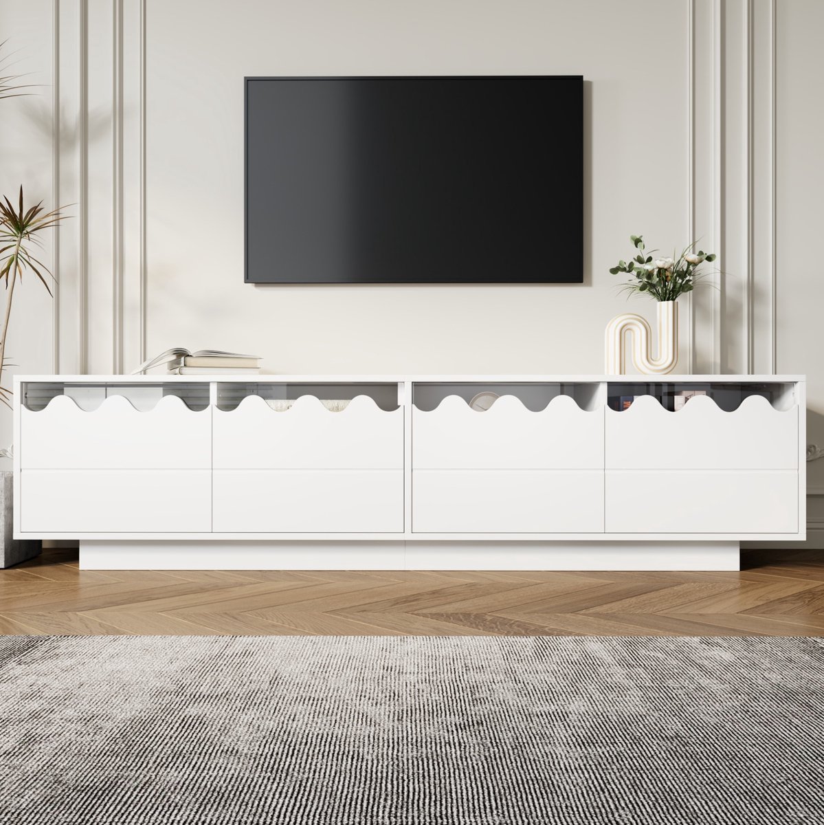 WUVRIE TV-meubel 170x40x45 cm - 4 deuren en glazen legplanken - Wit