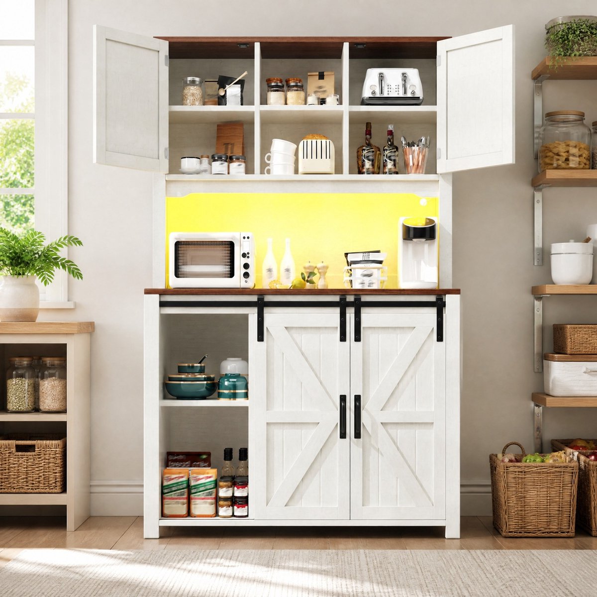 WUVRIE Keukenkast 115x40x174,7 cm - Schuifdeuren, lades en LED-verlichting - Wit