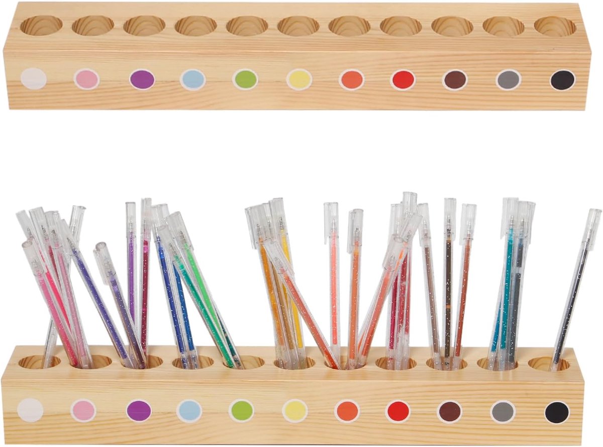 Pack of 2 Coloured Wooden Pen Holder, 41 x 5 x 7 cm, Organiser for Pencils, Wood, with 11 Compartments, Pen Holder for - ShopVlot