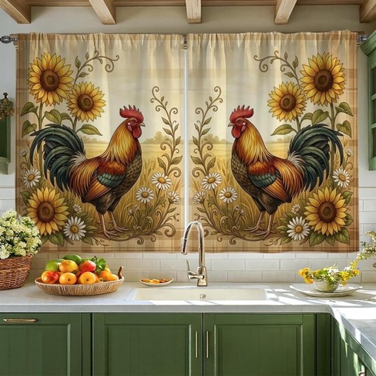 Keukengordijnen met haan - Boerderijstijl - Keukendecoratie - Lichtfilterend - Privacy - 106 x 111 cm - Geel