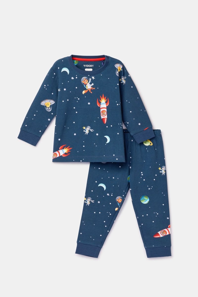Woody pyjama baby jongens - donkerblauw - galaxy all-overprint - 262-10-PLC-Z/914 - maat 86