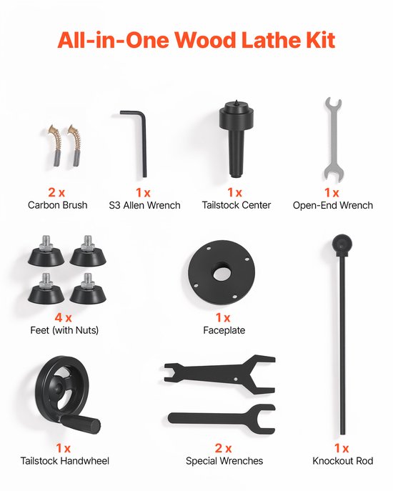 Complete accessoirekit voor VEVOR-draaibank met koolborstels, sleutels, opspanplaat en uitwerpstang.