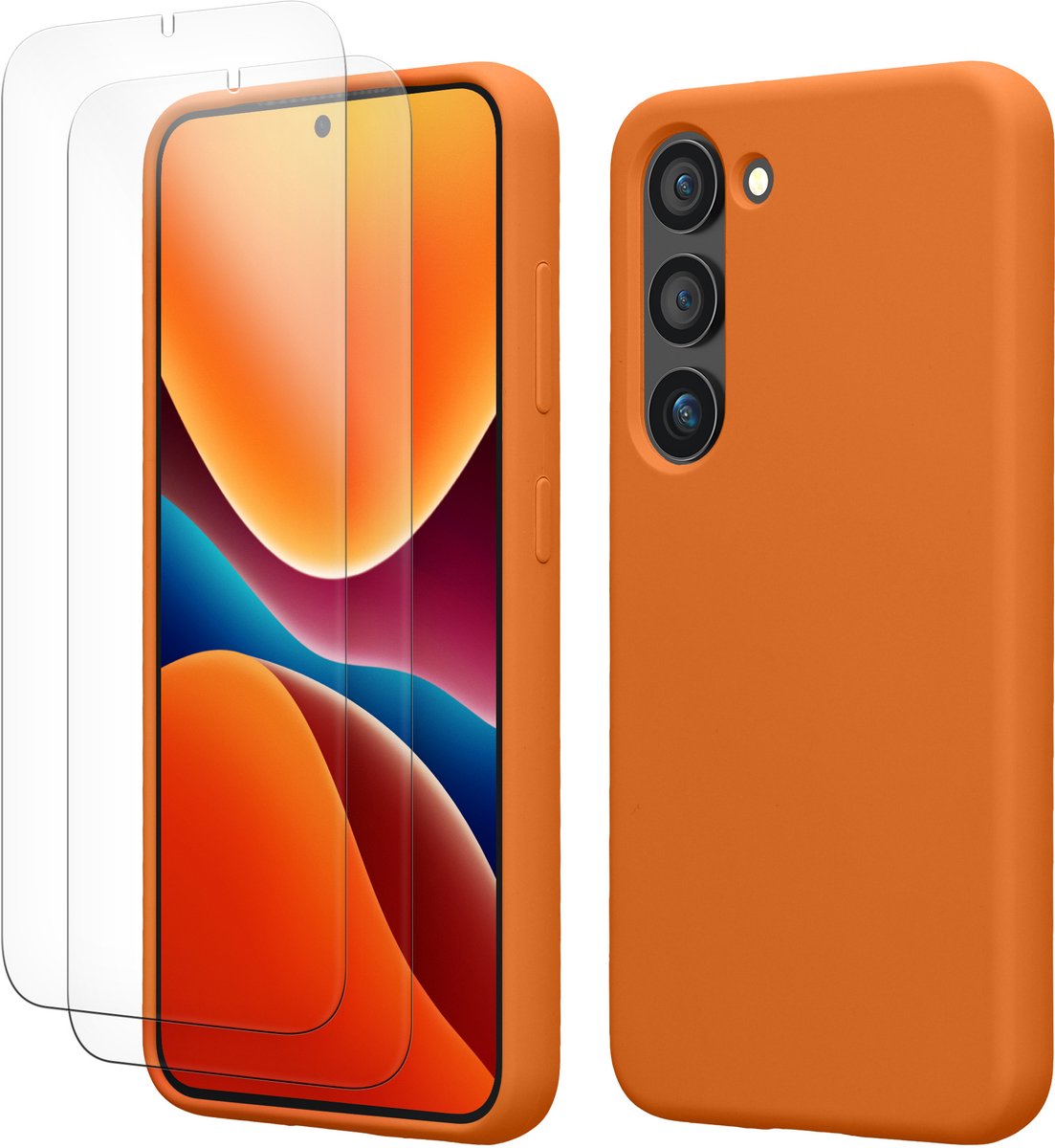 kwmobile hoes met 2x screenprotectors voor Samsung Galaxy S23 – screenprotector van gehard glas – draadloos opladen – fruitig oranje