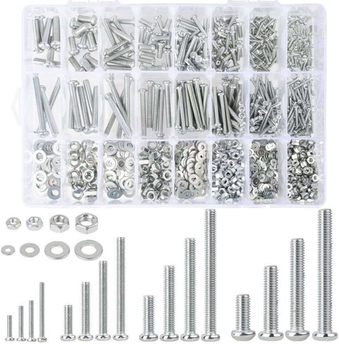 Schroeven en moeren set - Bevestigingsmateriaalassortiment - Klusprojecten thuis - 1320 stuks - M2 tot M5 - Zilver