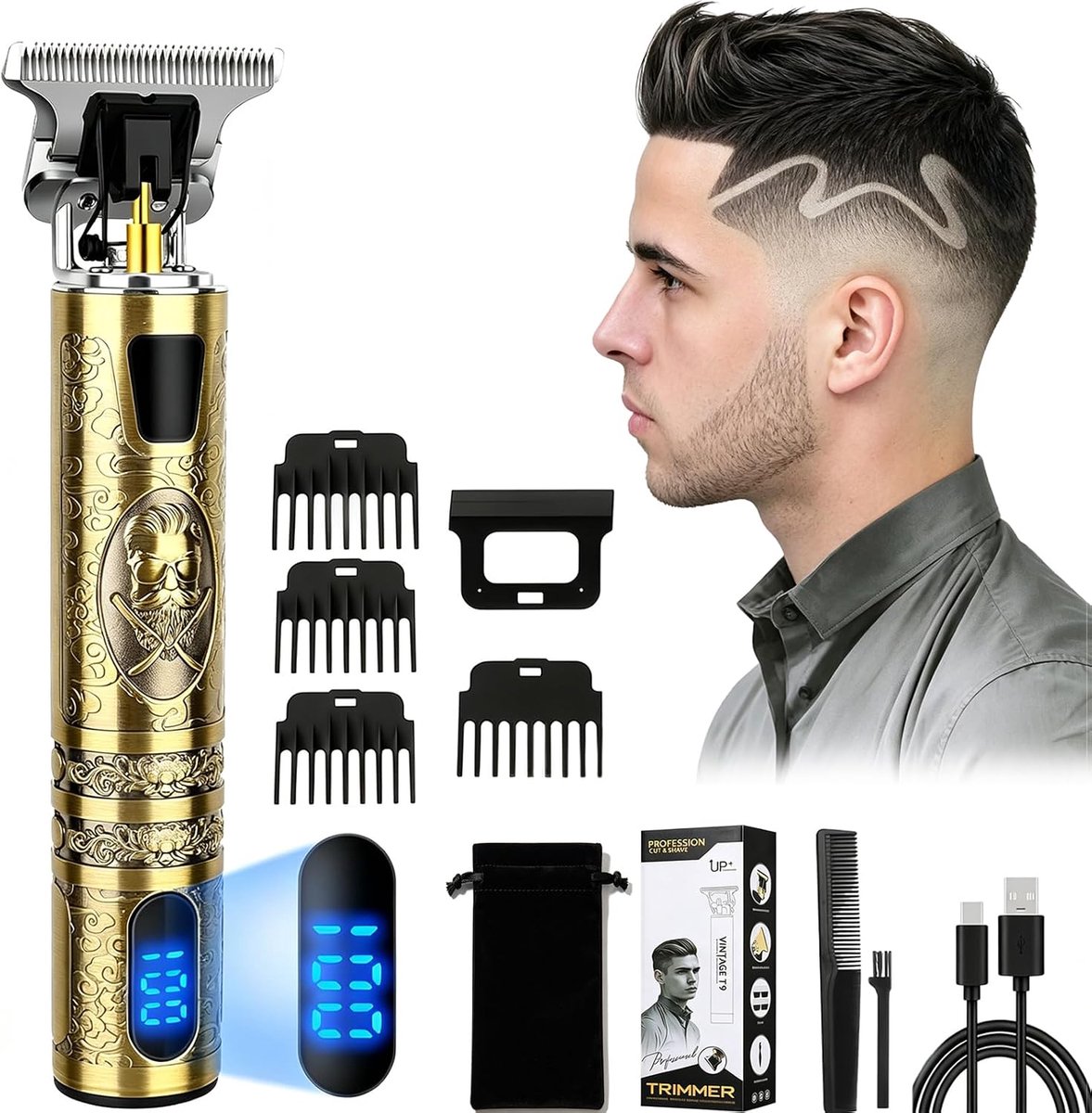 Baardtrimmer Draadloos – LED Display & 4 Opzetstukken 1,5-4mm | Elektrisch Scheerapparaat voor Baard & Haar | Professioneel