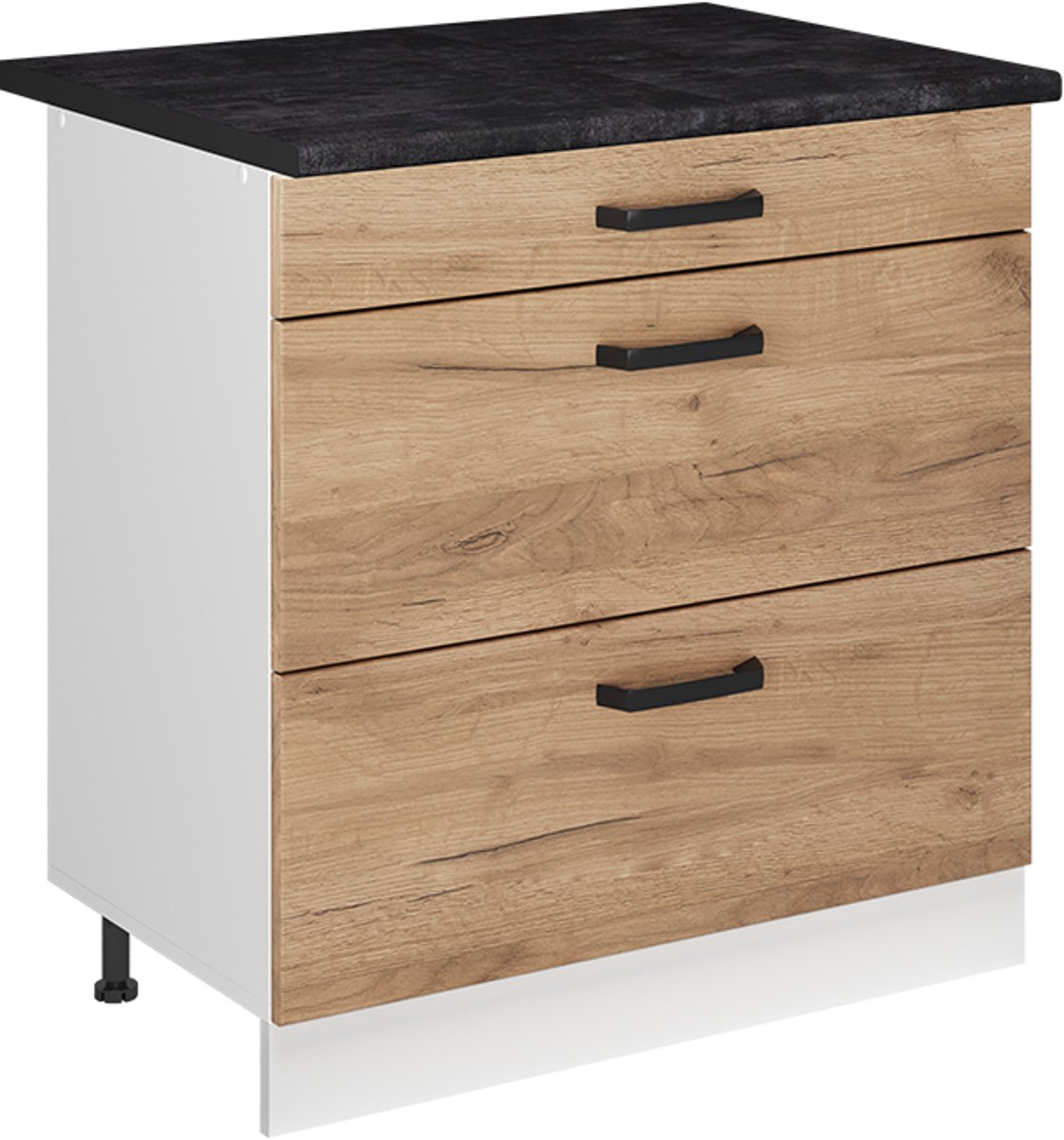Vicco Keukenonderkast R-Line, Goudkleurig Eiken/Wit, 80 cm met 3 laden antraciet werkblad