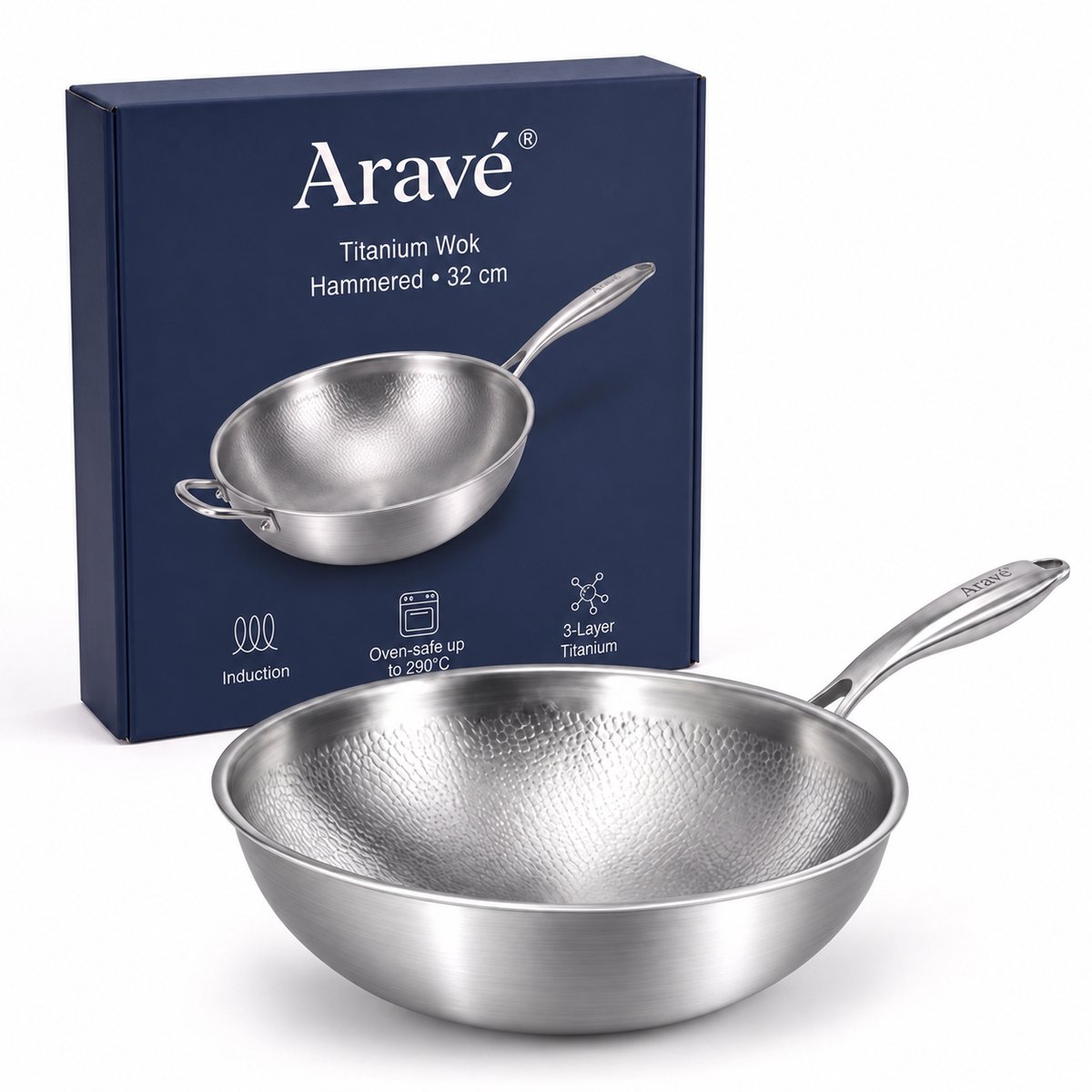 Aravé Titanium Wokpan - Inductie 32 cm - PFAS Vrij - Gehamerd RVS