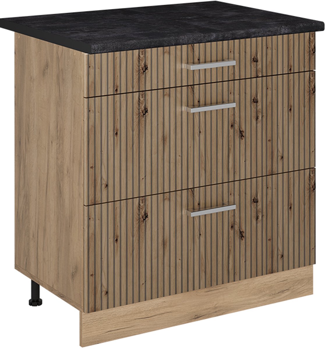 Vicco Keukenonderkast R-Line, Artisanaal eiken/Goudkleurig Eiken, 80 cm met 3 laden antraciet werkblad
