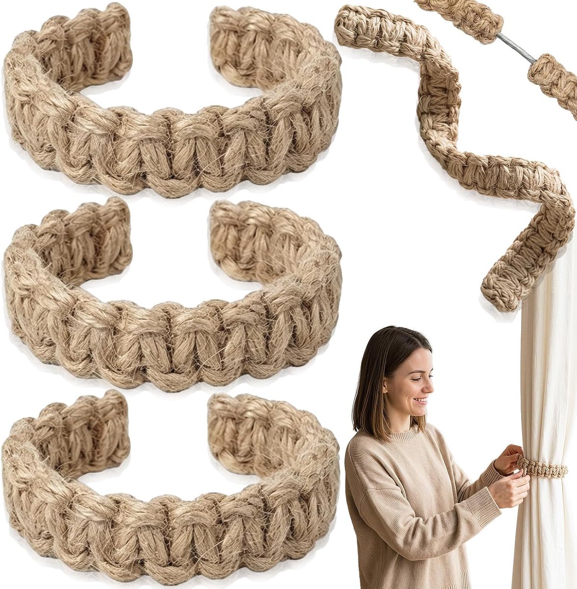 4 Stuks Gevlochten Gordijnklemmen, Boho Gordijn Vouwhouders, Boho Embrasses voor Gevlochten Gordijnen, Gordijnen - ShopVlot