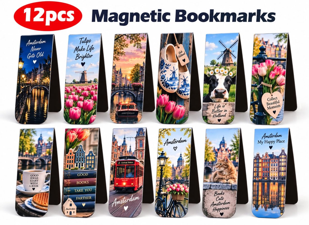 Viwado® Magnetische Boekenleggers 12 Stuks – Amsterdam & Nederland Thema – Tulpen, Molens, Grachten & Hollandse Motieven – Magnetische Bladwijzers – Cadeau voor Boekenliefhebbers