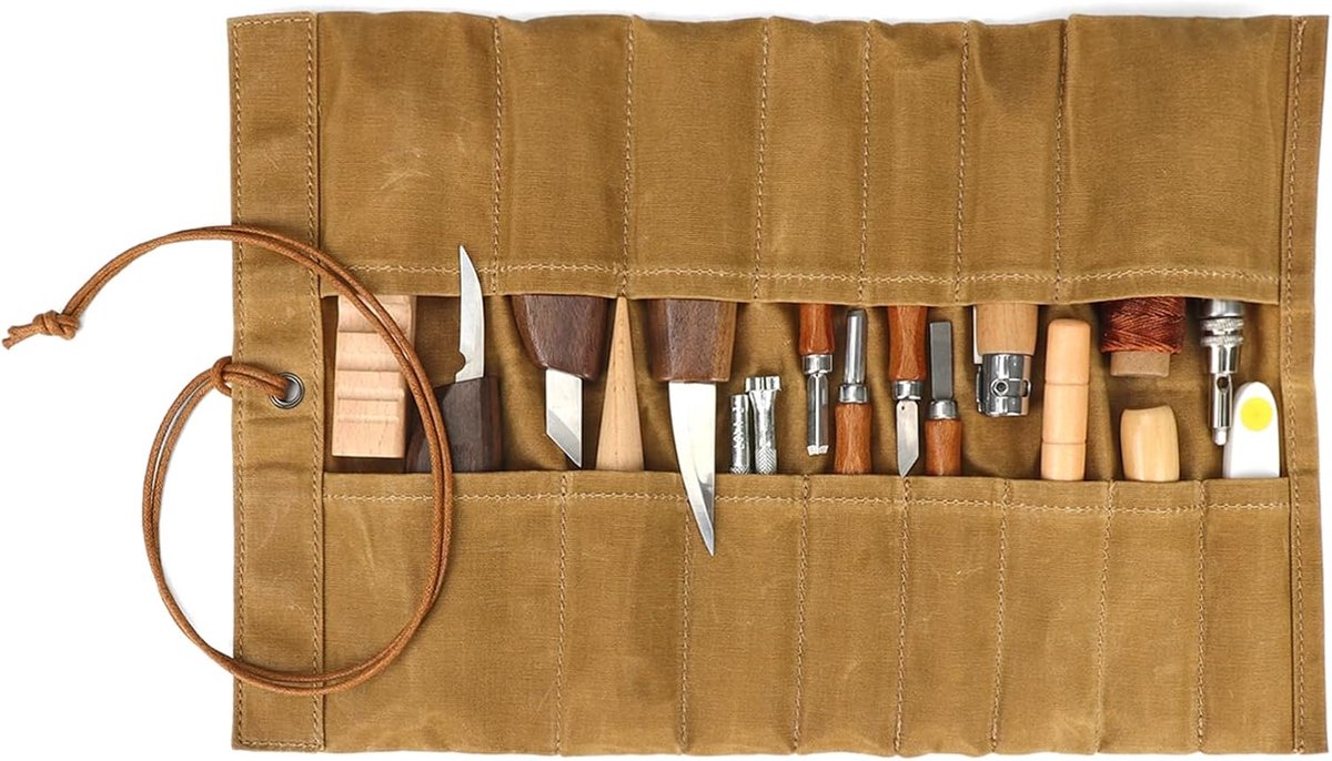 SnelShoppen - Vintage Roll Up Pouch voor Handgereedschap - 15 Compartimenten, Washed Canvas, Compact en Duurzaam, Ideaal voor Klussen, Camping en Gere
