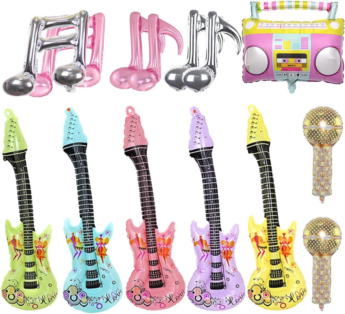 Box of 14 inflatable balloons including guitar, microphone, speaker and score; inflatable party accessories; aluminium - ShopVlot