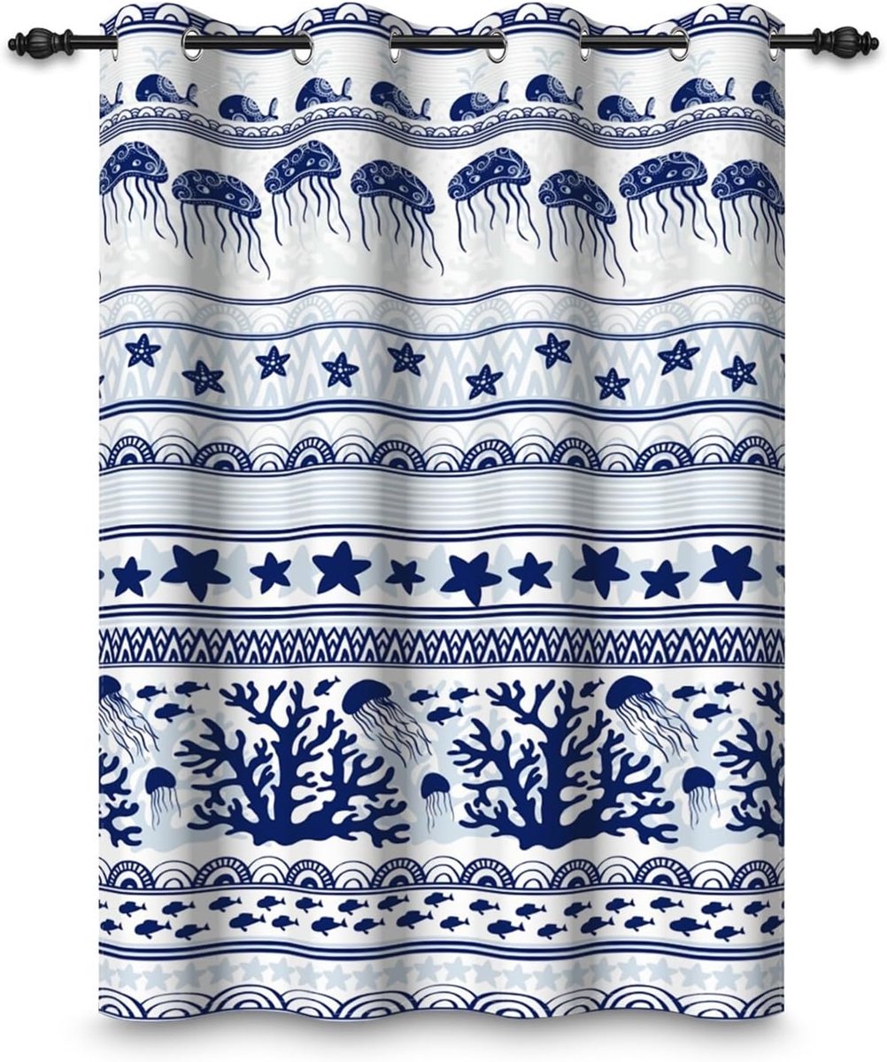 Gordijn met ingestanste ringen, in nautische stijl, marineblauw, kwal, koraal, walvis, bohostijl, marine - ShopVlot