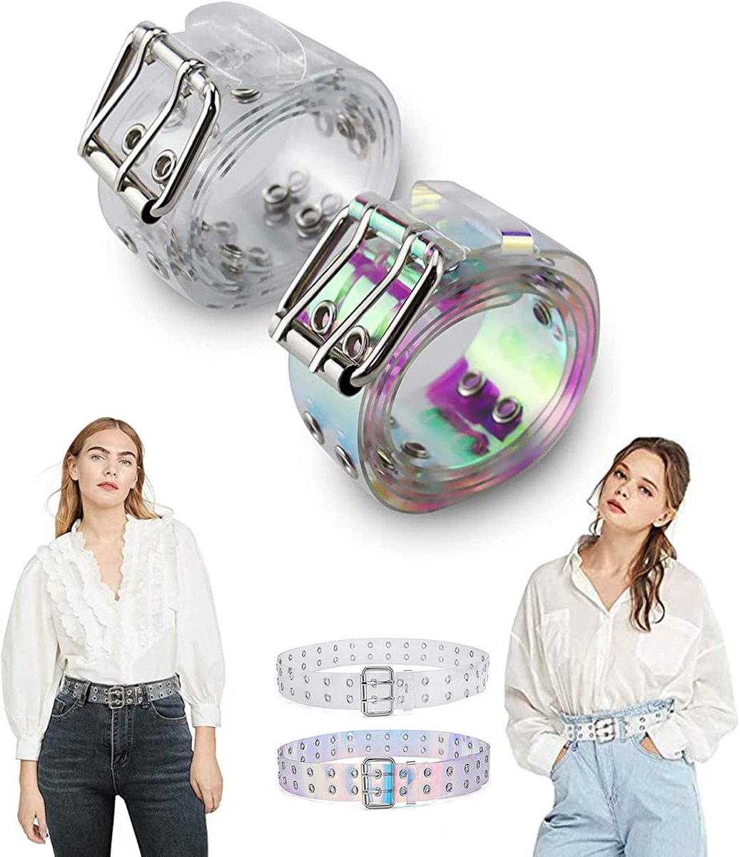 2 Pieces Transparent Women Belt Transparent PVC Belt Women Fashion Double Eyelash Skirt Belt with Holes/Long Chain for - ShopVlot