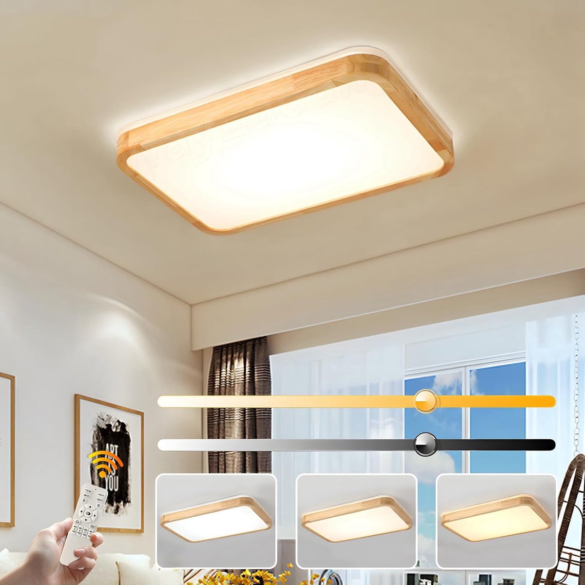 Wooden LED Ceiling Light - 60 * 40cm 3000-6000K 38W - Rectangular Top 360° Glow Natural Wooden Lamp, Bedroom Living - ShopVlot