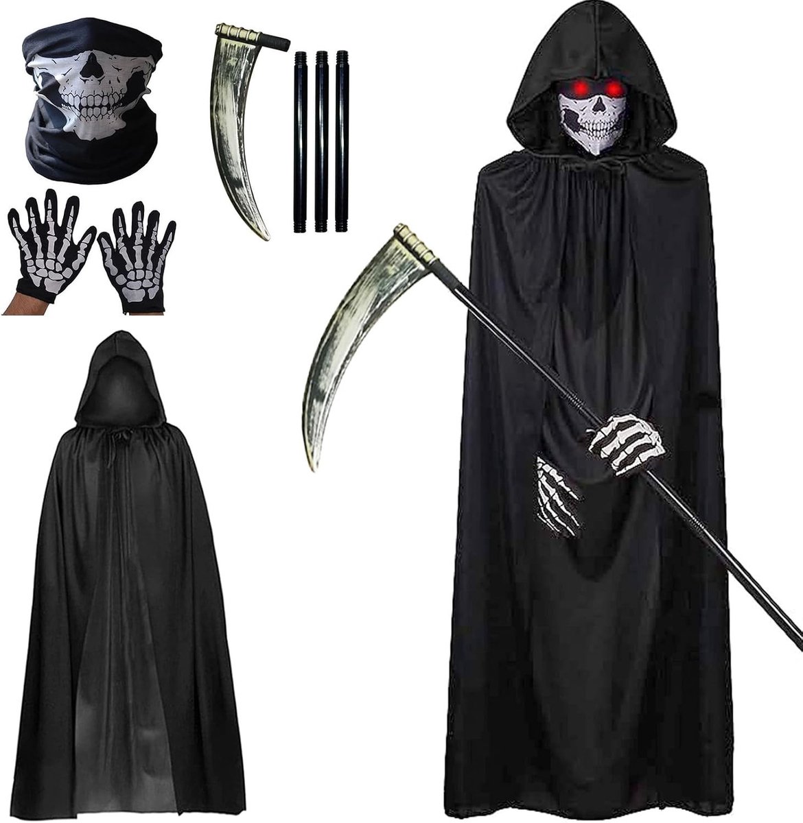 Sensenman Kostuum voor Halloween met Kap, Doodskop Masker, Handschoenen en Grim Reaper Thema voor Volwassenen, Perfect voor Carnaval en Cosplay