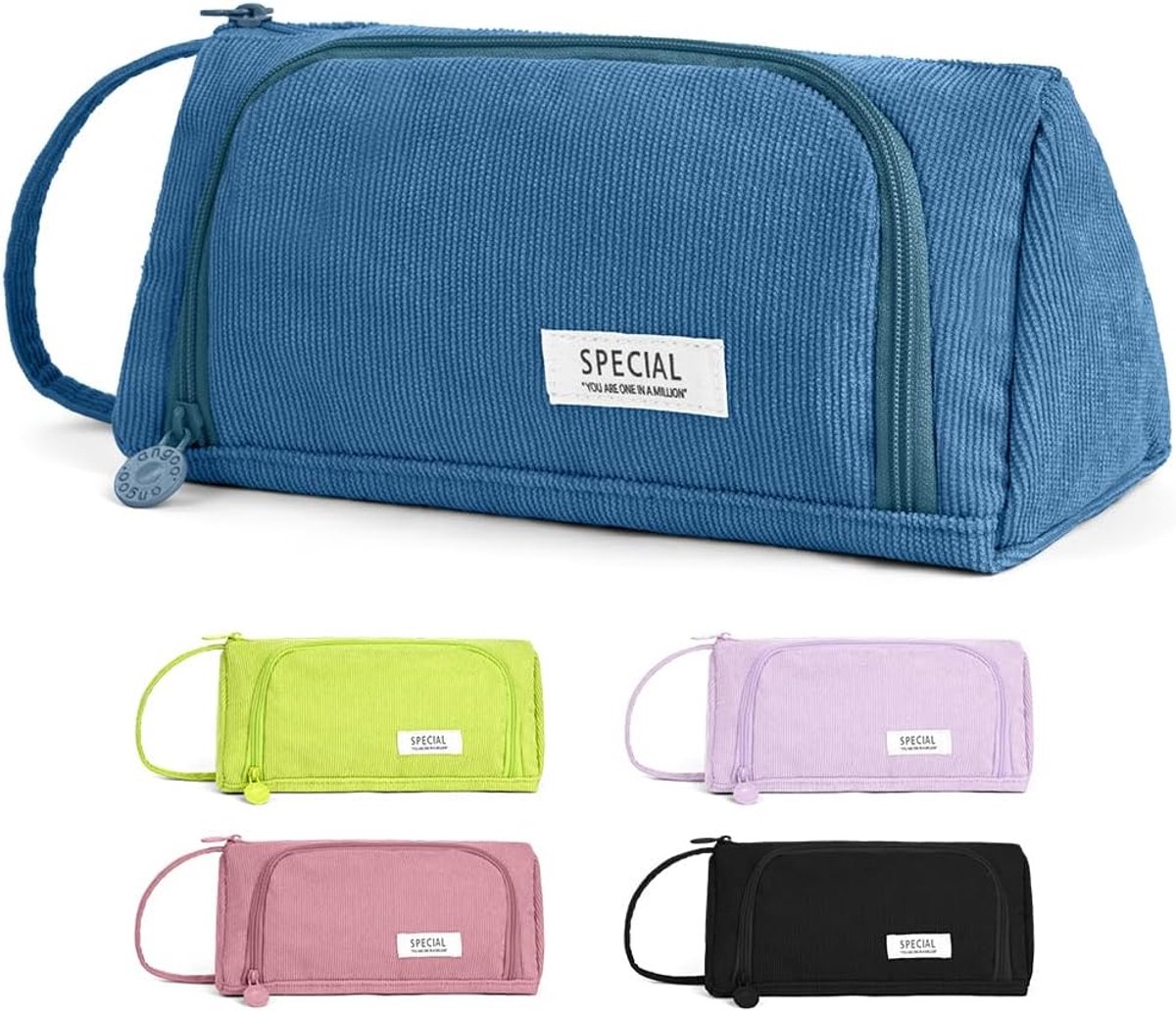 SnelShoppen - Grote Corduroy Etui voor Meisjes met 2 Compartimenten - Handige Pennenhouder voor School, Kantoor en Creatieve Hobby's - Blauw