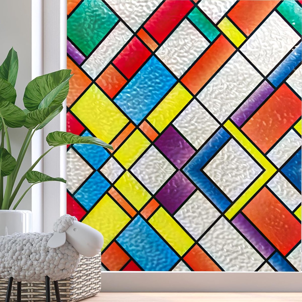 Zindoo Window Film, 105 x 200 cm, Geometric Pattern, Colourful Retro Self-Adhesive Matt for Windows, Privacy, Office - ShopVlot