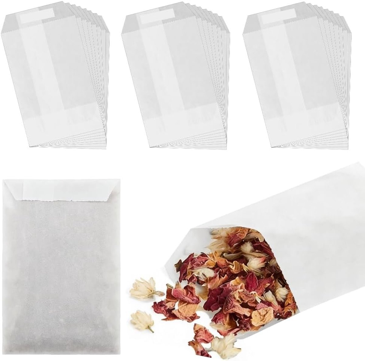 SnelShoppen - 100 stuks witte pergamijnzakjes 10x7 cm, zelfklevend, hersluitbare enveloppen voor confetti, bruiloften, cadeautas, feestzakjes, papiere
