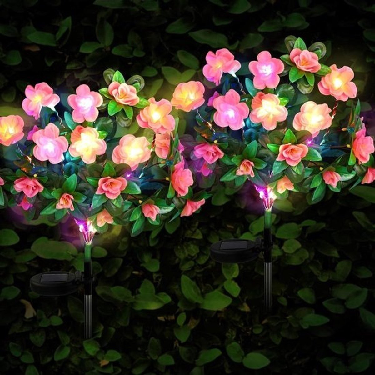 Tuinverlichting - Op zonne-energie - 2 stuks - Waterdicht - 21 kleine rododendronbloemen - Roze tuinverlichting