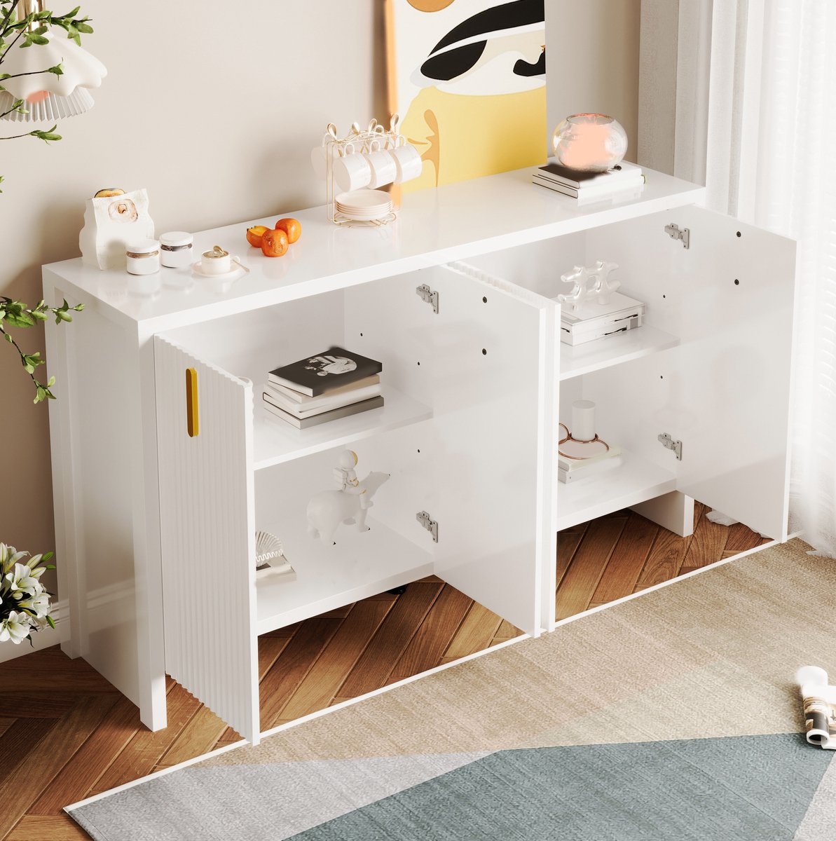 WUVRIE Dressoir 140 x 38 x 80 cm - 4 deuren en verstelbare planken - Wit met gouden handgrepen