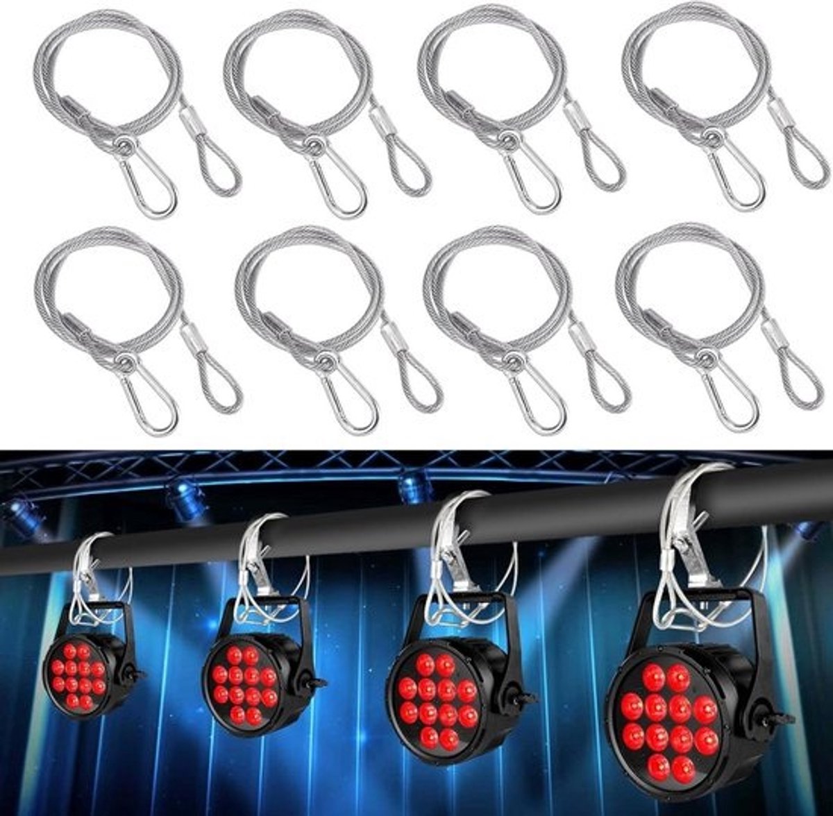 Veiligheidskabel voor podiumverlichting - 80 cm - Set van 8 - Antival-ketting - Met haak - Draagkracht tot 50 kg - LED-paneelverlichting - Zware verlichting - Flexibele kabels - 4 mm