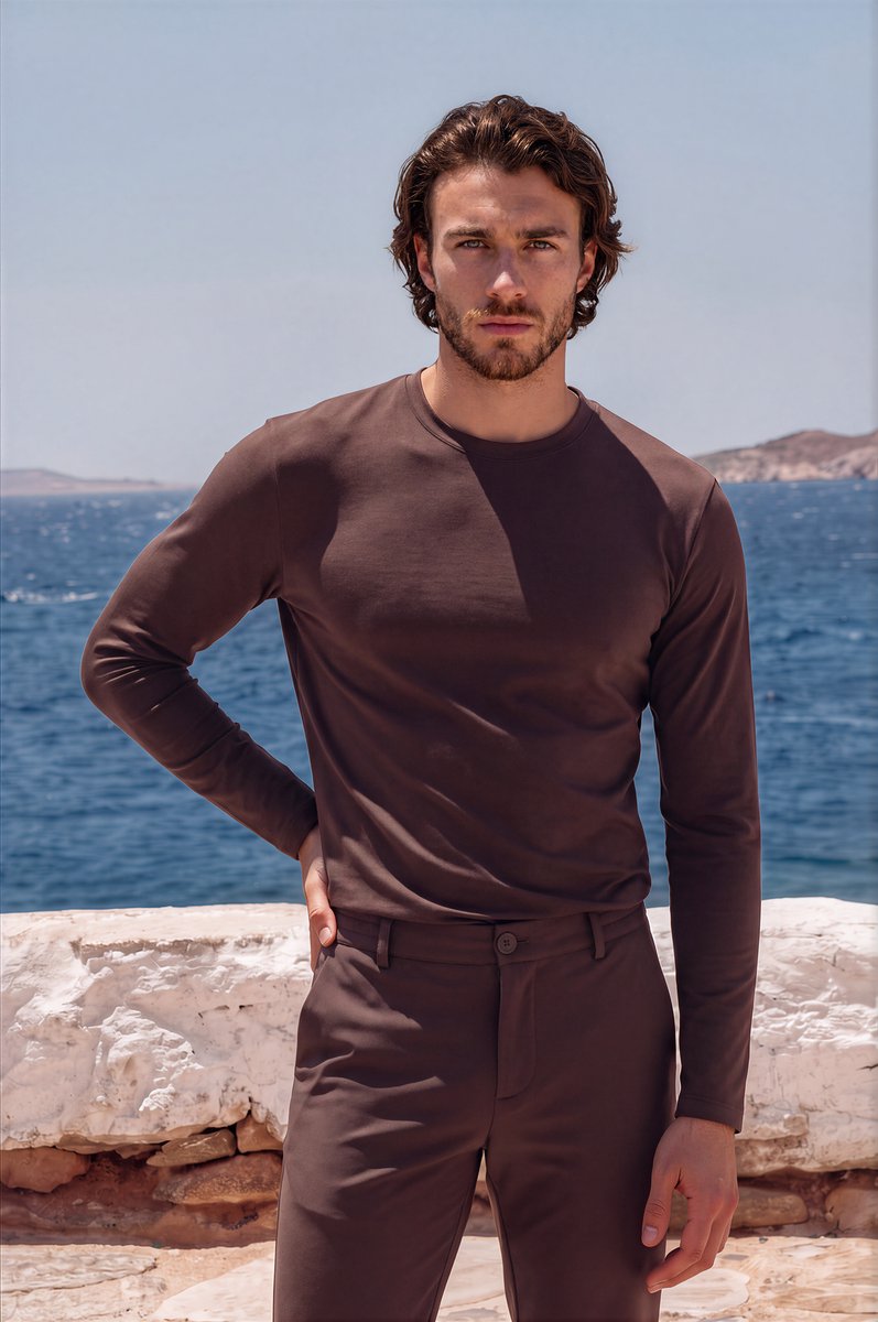 MI PIACE - Men Cotton Shirt Long Sleeves 202063 Espresso - Maat : M