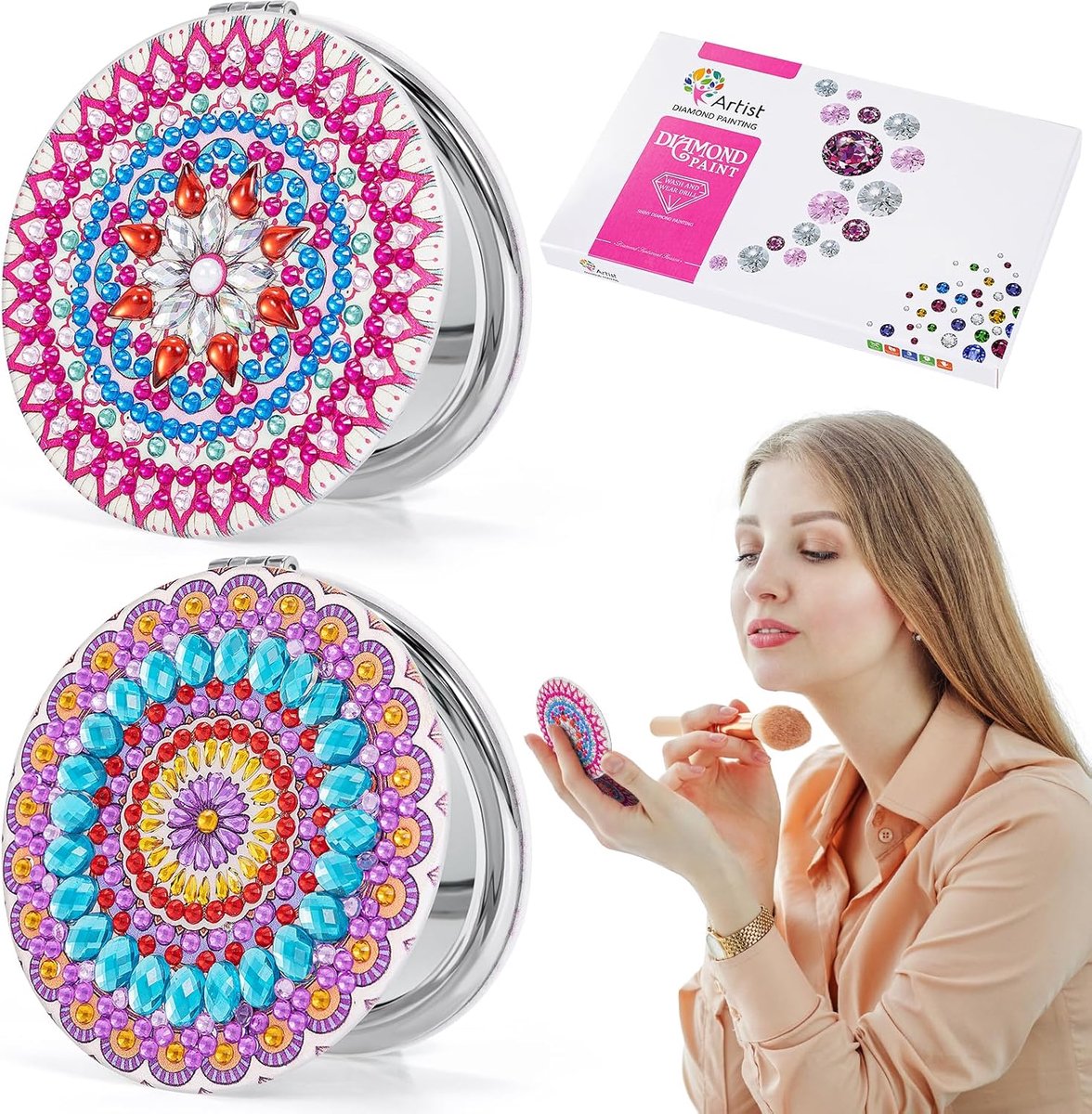 Compact spiegel set - mandala patroon - dubbelzijdig met 5D diamond art - perfect voor onderweg - ShopVlot