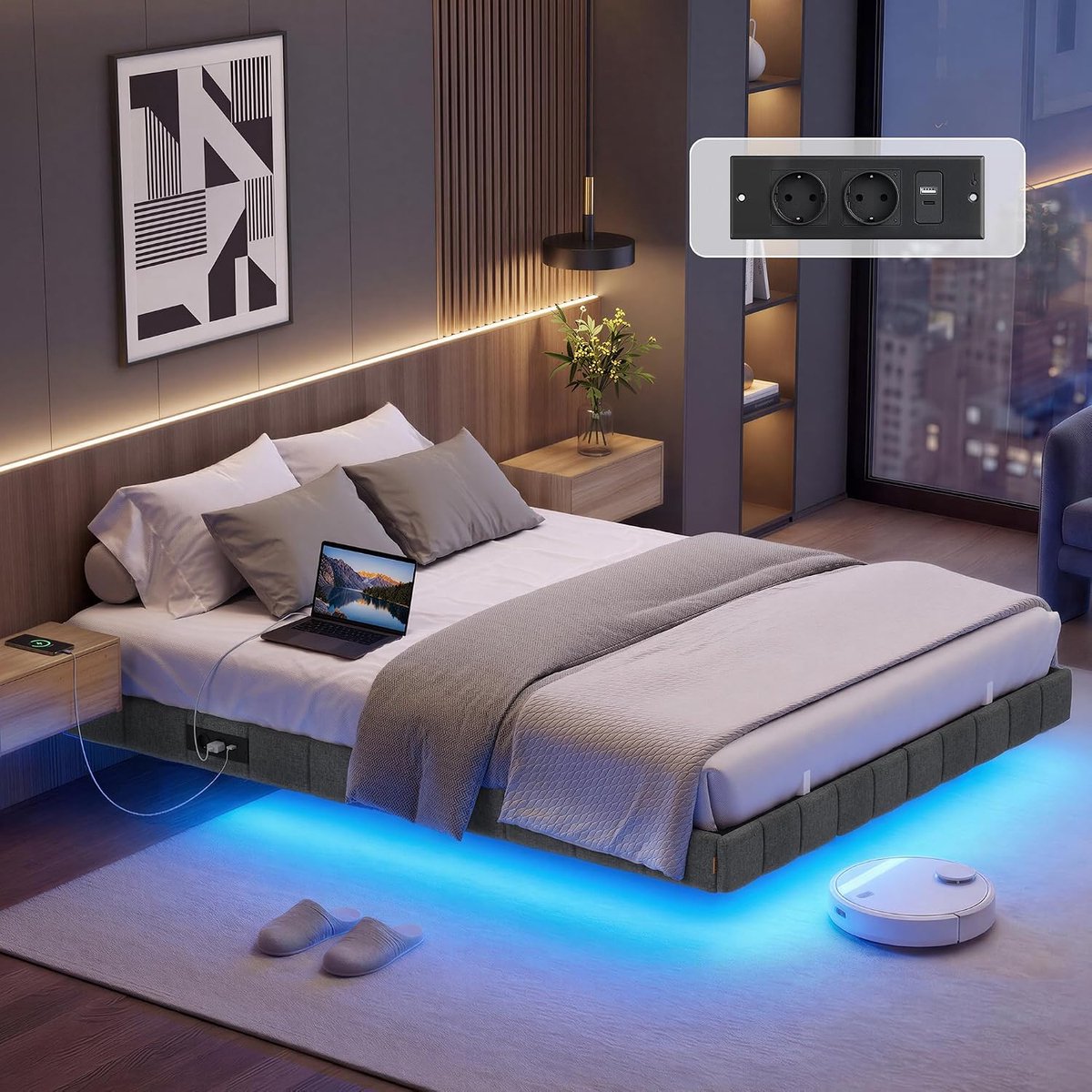 140 x 200 cm Modern LED verlicht bedframe met zwevend effect, zachte bekleding en stopcontacten – Industrohome