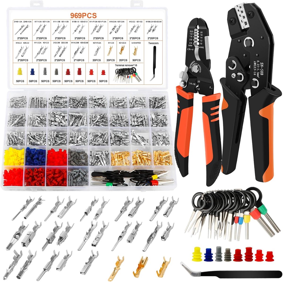 969 stuks autostekkers met 2 krimptangen, krimptang voor 0,25-1,5 mm² (AWG 23-16), draadstripper voor 0,5-5,5 mm² (AWG - ShopVlot