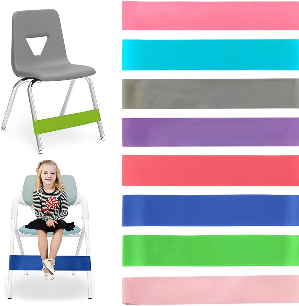 Pack of 8 Kids Stretchy Chair Bands, Colorful Chair Bands, Classroom Chair Bands, 0.6mm Thick Sensory Chair Bands - ShopVlot