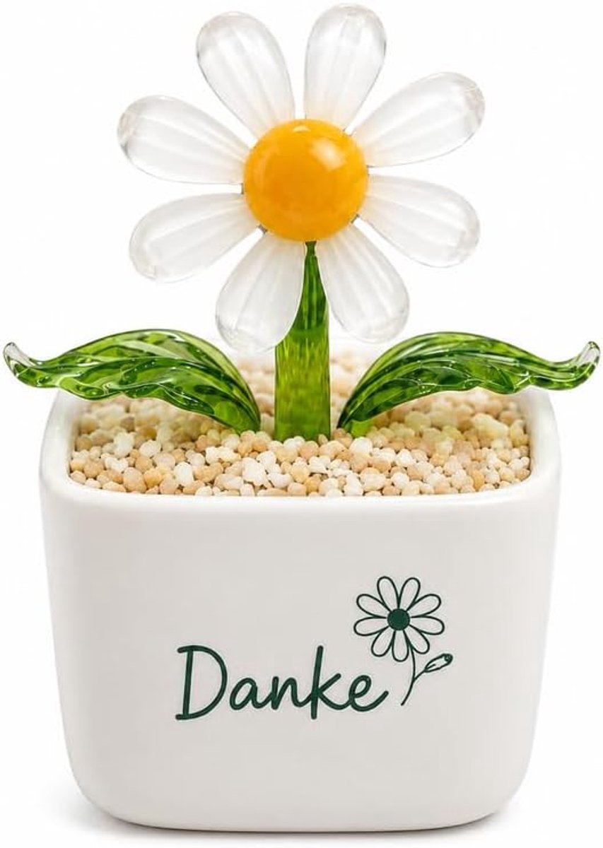 Glasbloemen, madeliefjes in een pot met Danke-opschrift
