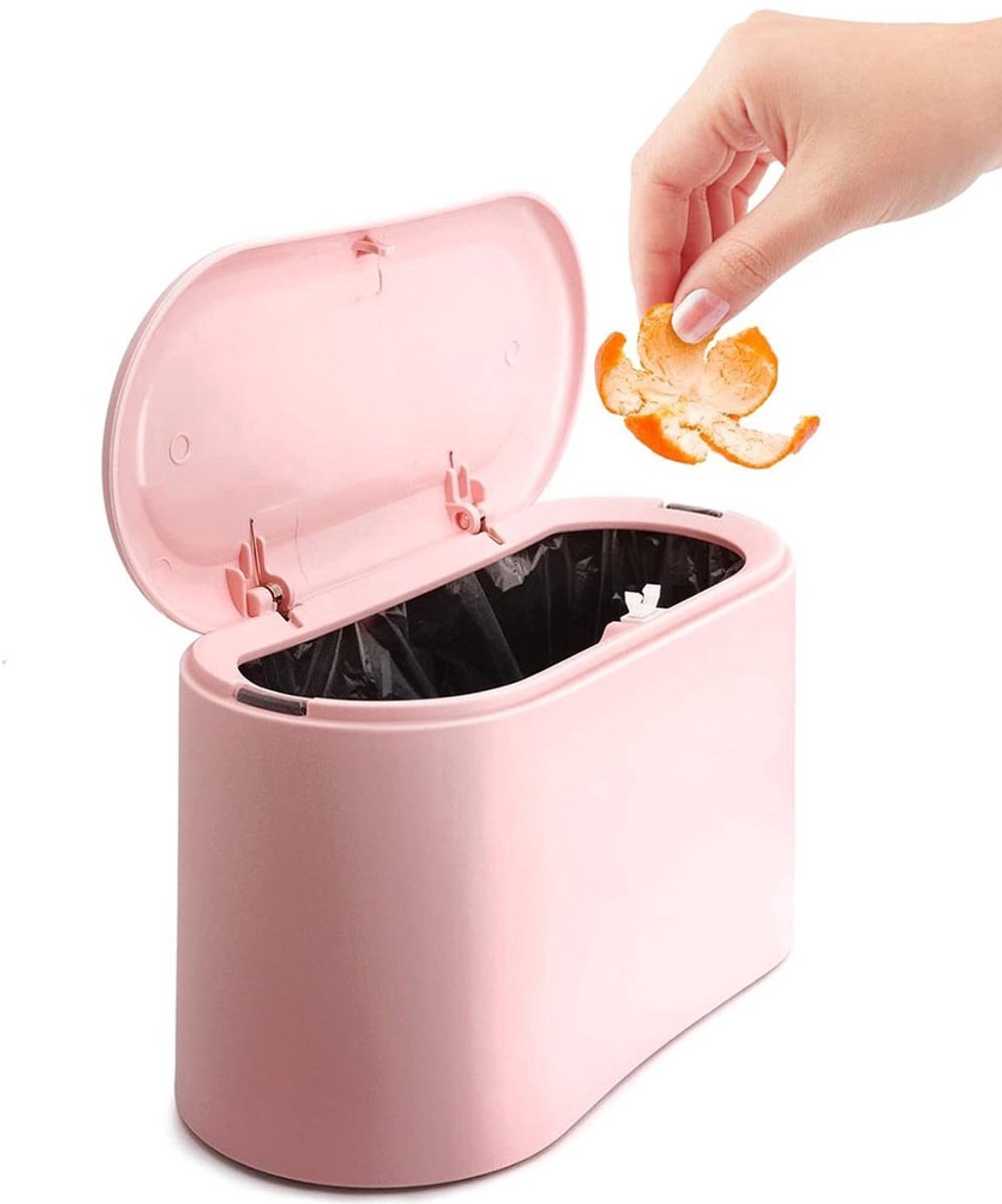 Bureauprullenbak - Prullenbak - Stevig en duurzaam - Prullenbak voor op het aanrecht - Mini-opbergbak met drukknop voor op het bureau - Plastic prullenbak - Prullenbak voor in de auto - Prullenbak voor op kantoor - Roze