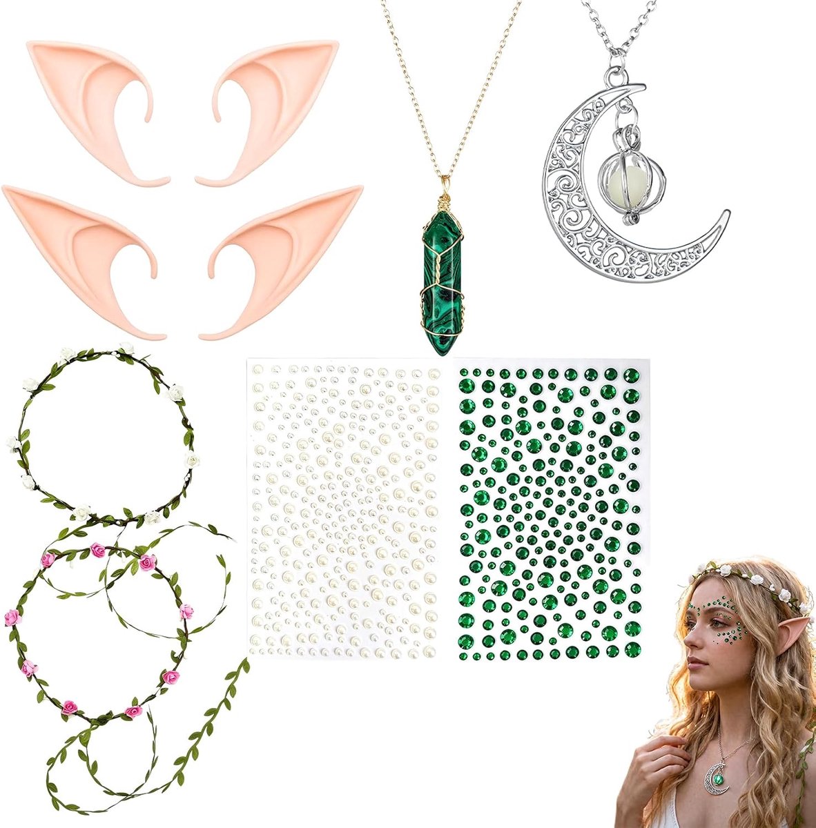 Set voor dames, 2 paar siliconen elf oren 12,45 cm en 9,91 cm met 2 gras haaraccessoires, 2 halskettingen en 2 diamant gezichtsstickers voor cosplay en feest