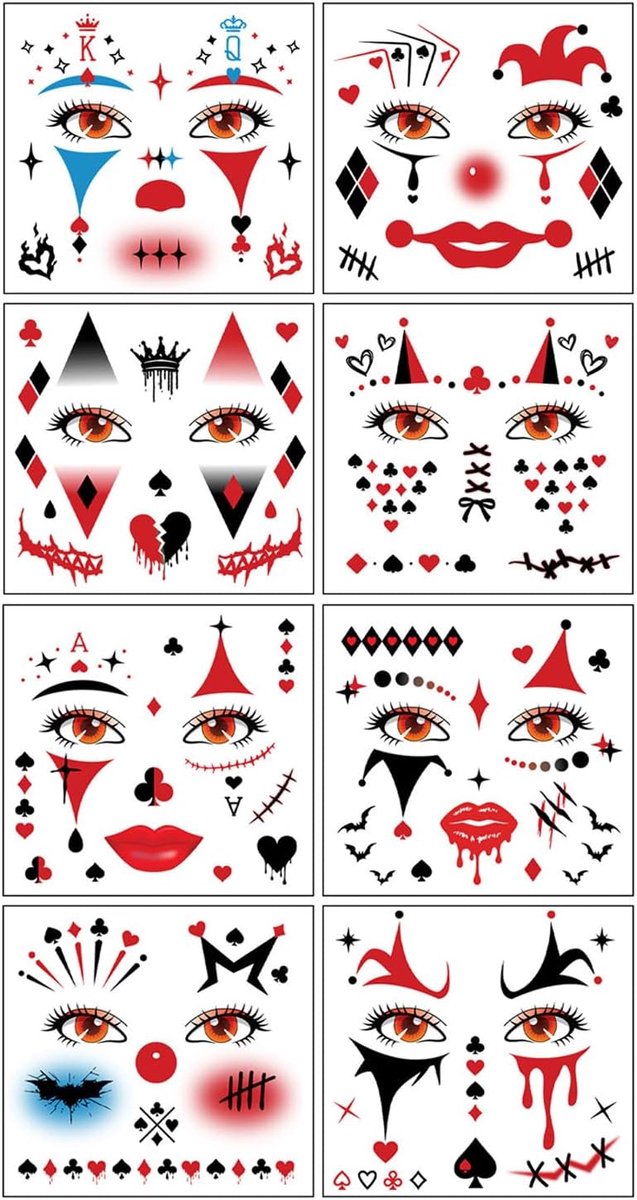 Tijdelijke tatoeages, clownsgezicht, Halloween, Joker, make-up, nep-tattoo-stickers voor vrouwen, mannen, volwassenen, carnavalskostuum, cosplay, maskerade, feestaccessoires