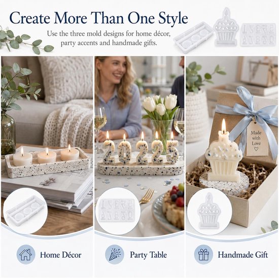 3 siliconen kaarsvormen, complete set, kaarsvorm, rechthoekige sokkel, 3 plaatsen, cupcakevorm en cijfers 0-9 voor verjaardagsfeesten, doe-het-zelf decoraties en kunstcreaties — afbeelding 2