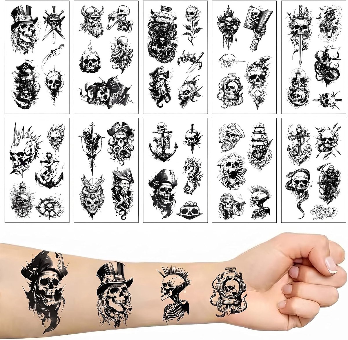 10 vellen piratentatoeages voor kinderen, huidvriendelijke set, tijdelijke tatoeages om op te plakken, piratendecoratie, kinderverjaardag, cadeautjes en cadeaus voor jongens en meisjes