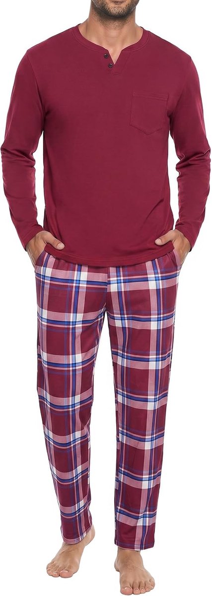 Henley geruite loungenachtkleding met lange mouwen
