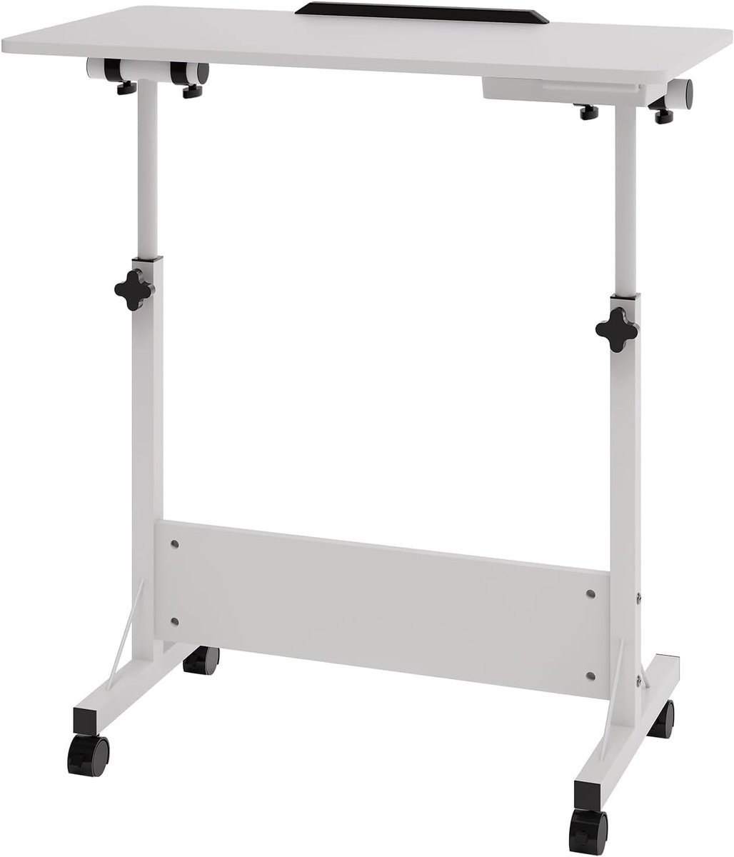 Bureau - Zit Sta Bureau 80 x 40 x 64-89 cm - Kantelbaar tafelblad mobiele werkplek 4 zwenkwielen (2 met rem) Wit