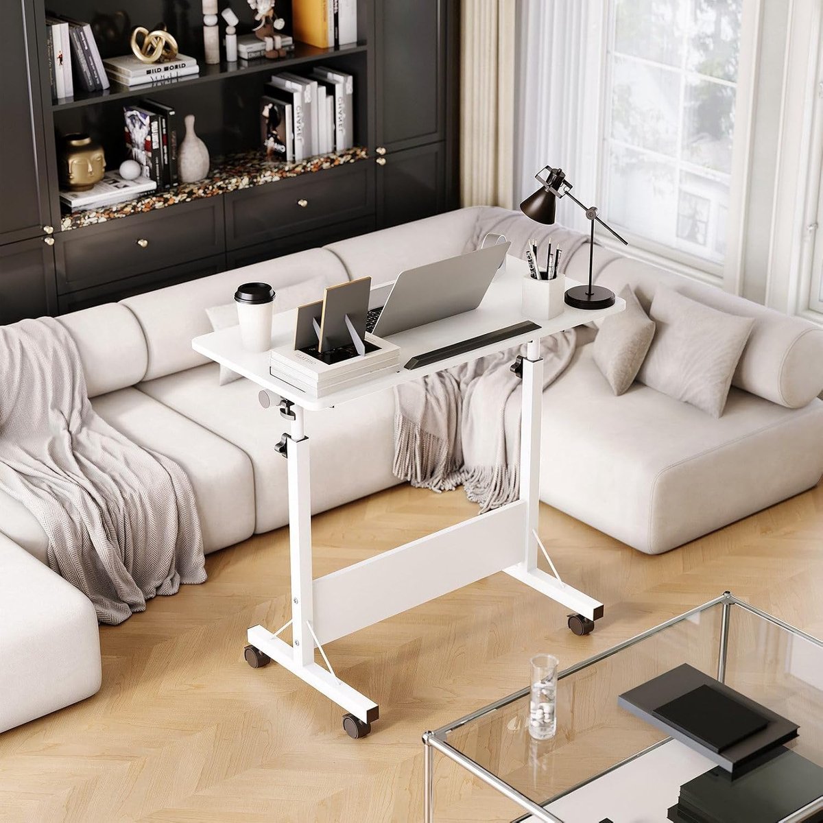 Bureau - Zit Sta Bureau 80 x 40 x 64-89 cm - Kantelbaar tafelblad mobiele werkplek 4 zwenkwielen (2 met rem) Wit thumbnail 3