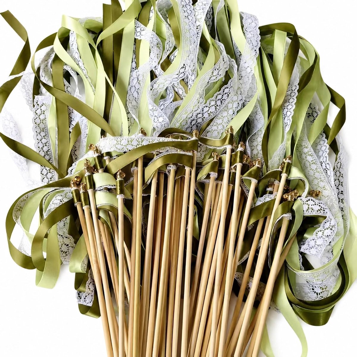 Wands 20 stuks, toverstaven, bruiloft, luchtslangen met bel, romantische zijden feeënstaaf voor bruiloften, verjaardagen, feesten, feestdagen, groen, 20 stuks