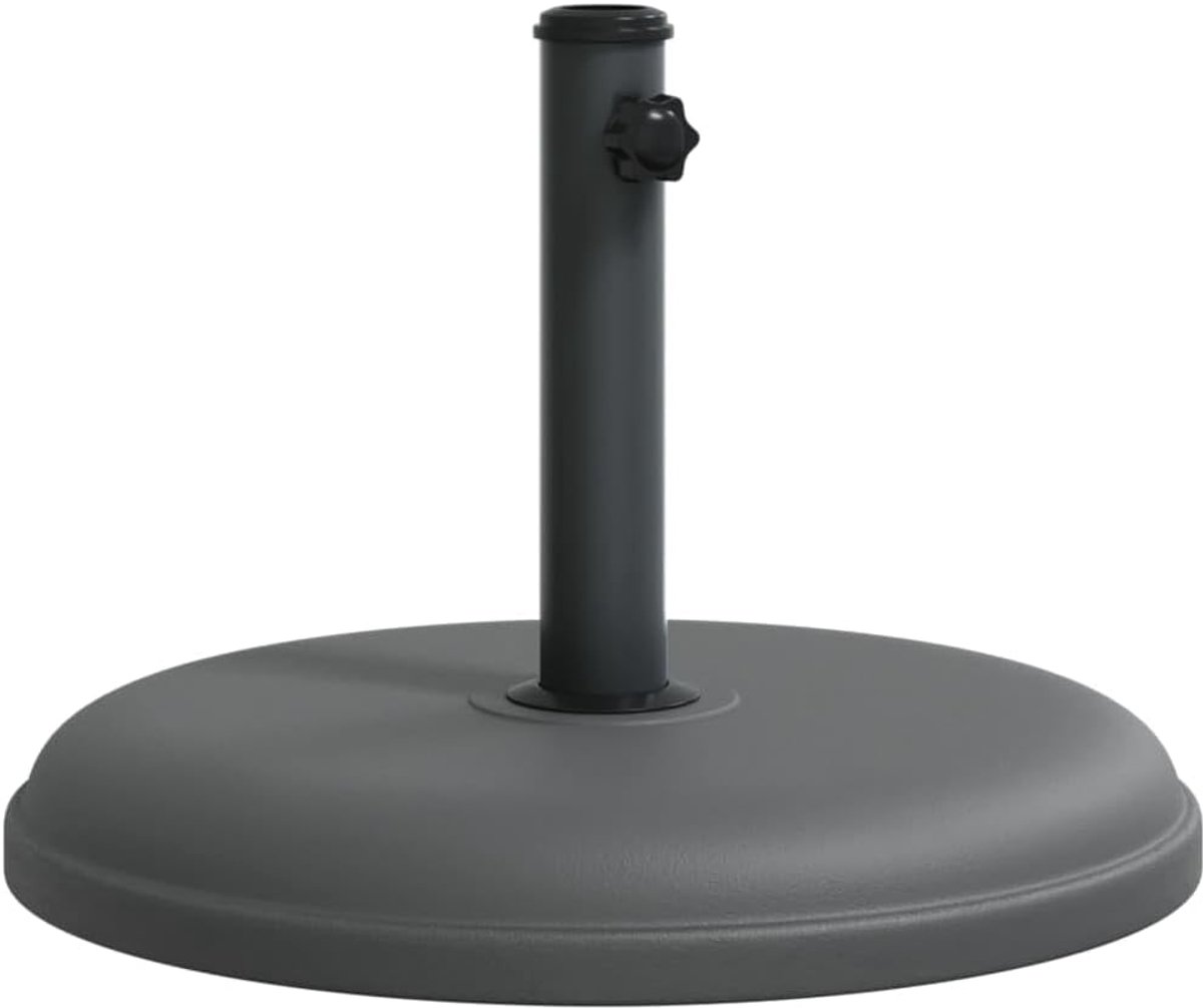 Parasolvoet 15 kg rond met beton gevulde kunststof schaal, klemknop en 3 mastadapters Ø 32/35/38 mm, stabiel en eenvoudig te installeren.