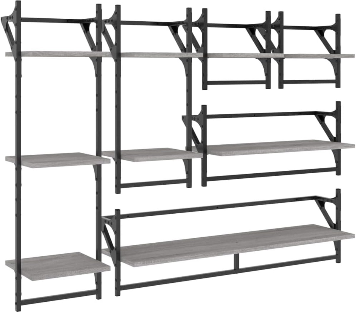 Wandplanken met stang, 6 stuks, hout, sonoma-grijs